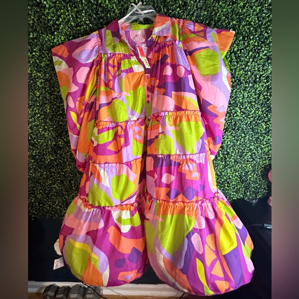 Multi-Color Midi Pad shoulder Flare tier dress